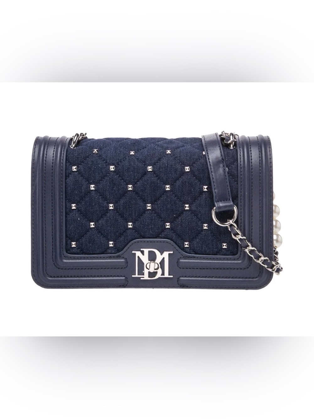 Badgley Mischka Navy Denim Quilted Shoulder Bag with Silver Hardware